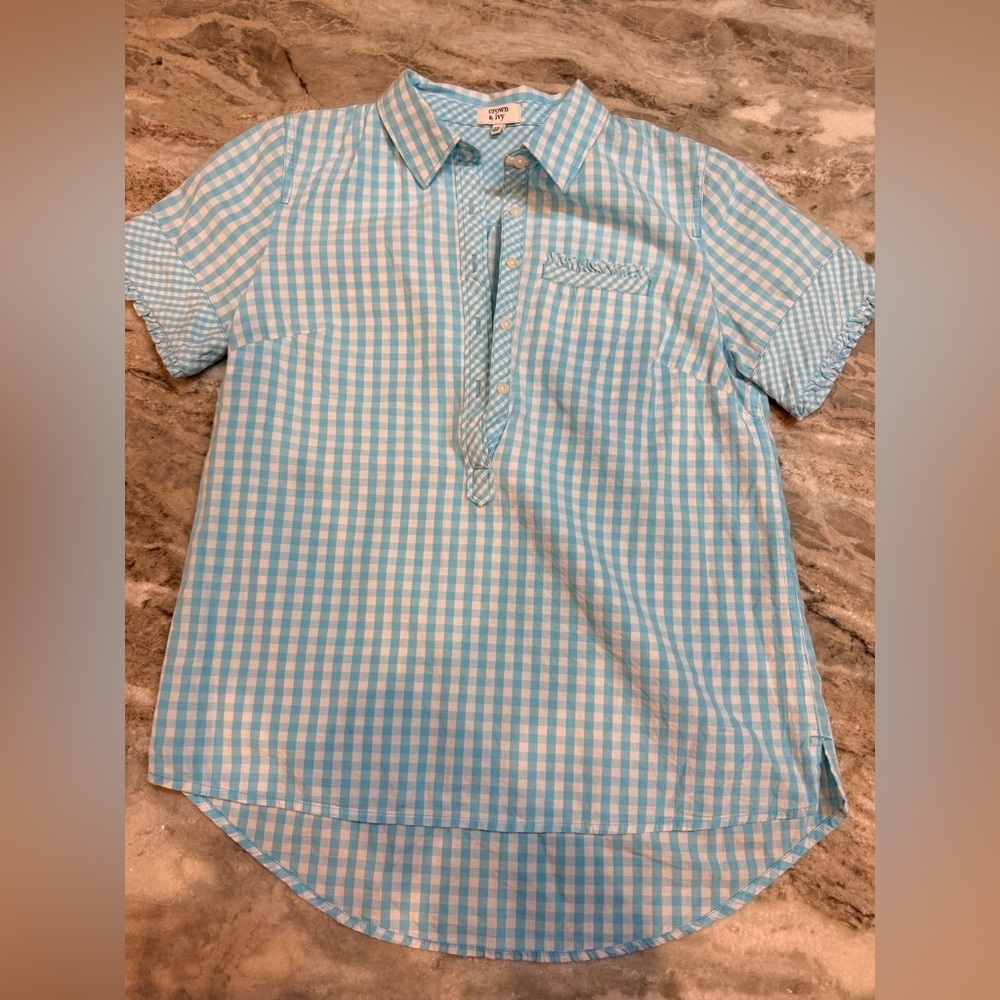 Crown & Ivy XS Blue Gingham Short Sleeve Button Front Cotton Shirt Preppy